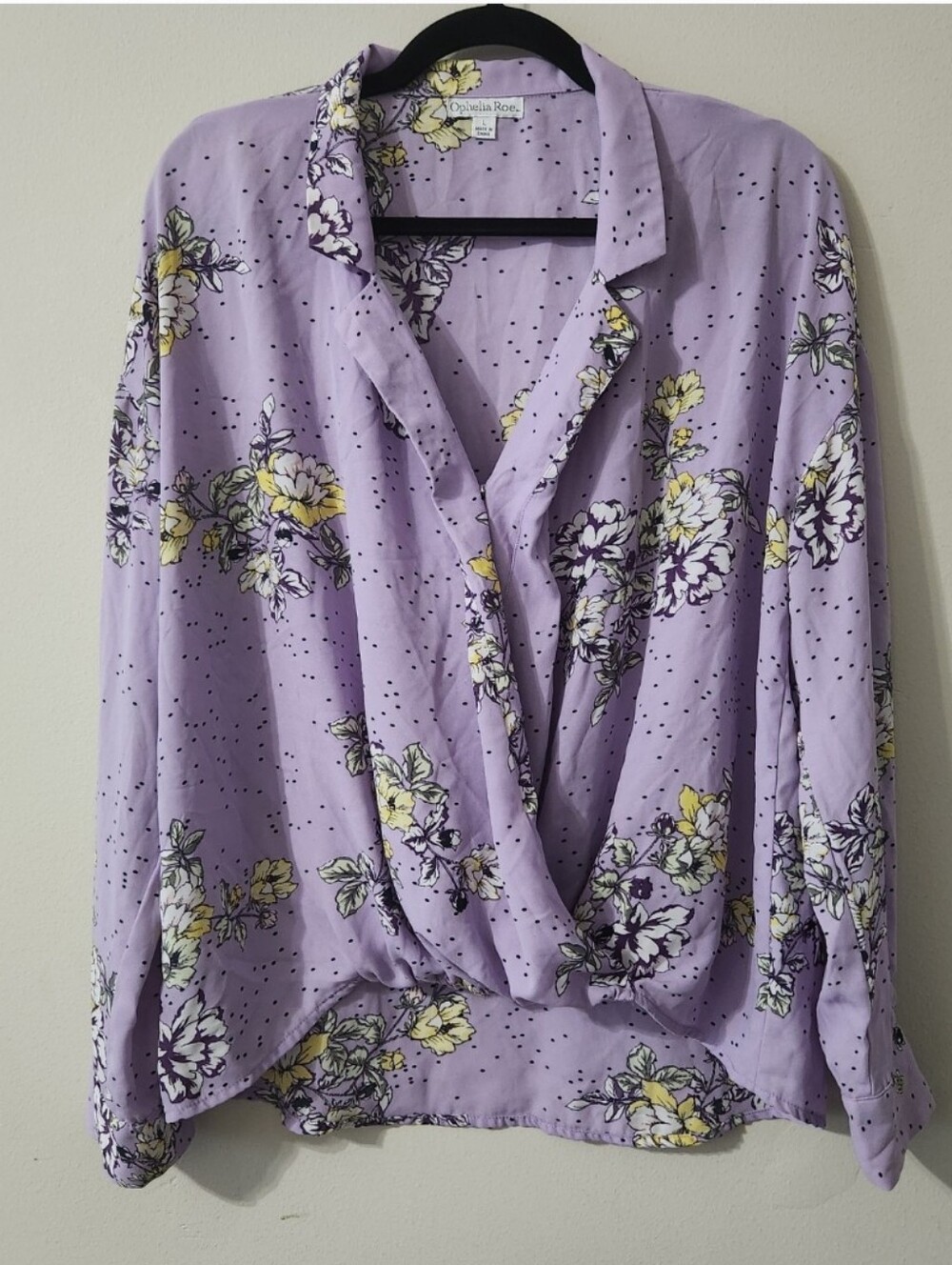 Ophelia Roe Lilac Floral Polka Dot Blouse Large Career Business Top Faux Wrap